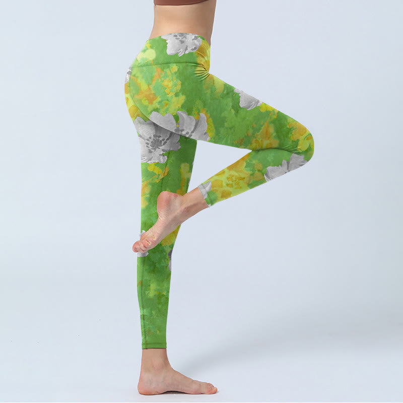 Buddha Stones Gelbgrün Grau Blumen Print Sport Fitness Leggings Damen Yogahose