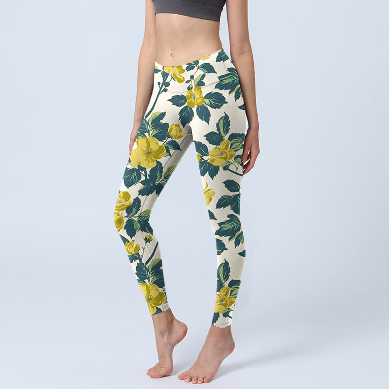 Buddha Stones, gelbe Blumen, grüne Blätter, Druck, Fitnessstudio, Fitness-Leggings, Yoga-Hose für Damen - Maisseide - US18， UK/AU22，EU50 (4XL) - image 1