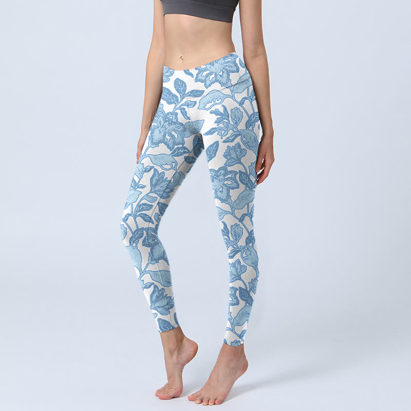 Buddha Stones, hellblau, Blumen, Blätter, Druck, Sport-Fitness-Leggings für Damen, Yogahose - AliceBlue - US18, UK/AU22, EU50 (4XL) - image 0