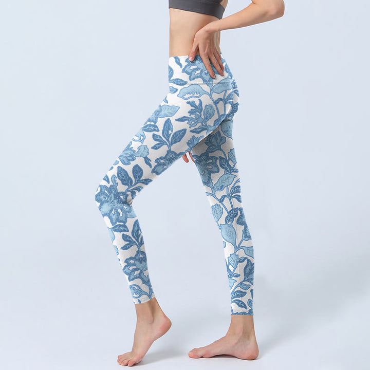 Buddha Stones, hellblau, Blumen, Blätter, Druck, Sport-Fitness-Leggings für Damen, Yogahose