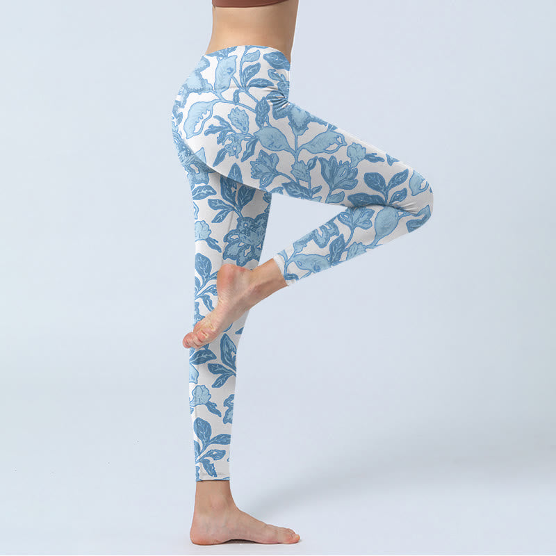 Buddha Stones, hellblau, Blumen, Blätter, Druck, Sport-Fitness-Leggings für Damen, Yogahose