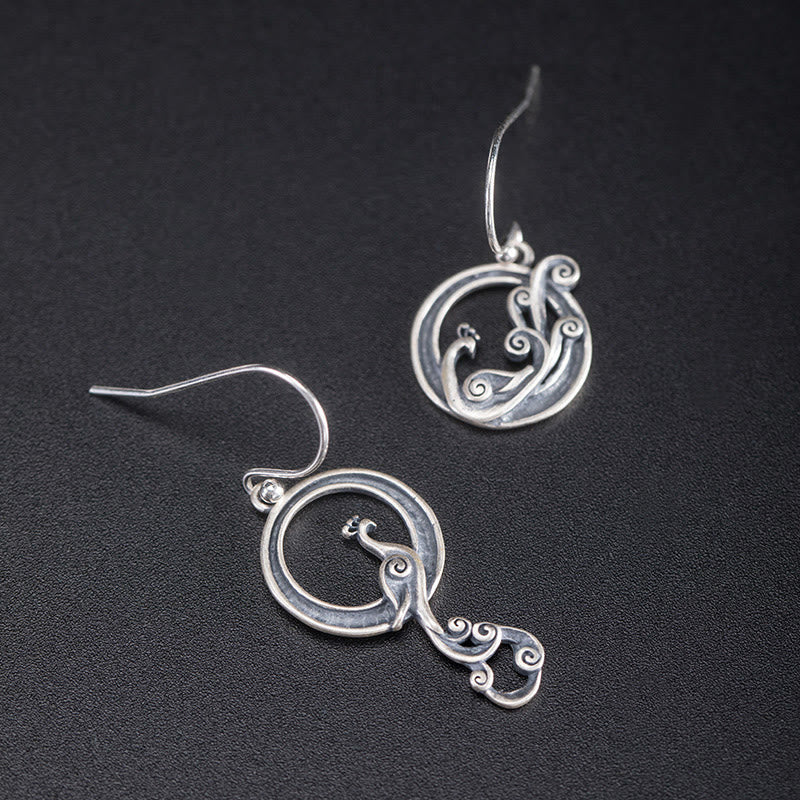 Buddha Stones 925 Sterling Silber Runde Asymmetrie Pfau Glück Ohrringe - image 1