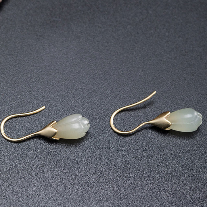 Buddha Stones 925 Sterling Silber Hetian Jade Magnolia Abundance Tropfen Ohrringe - image 5