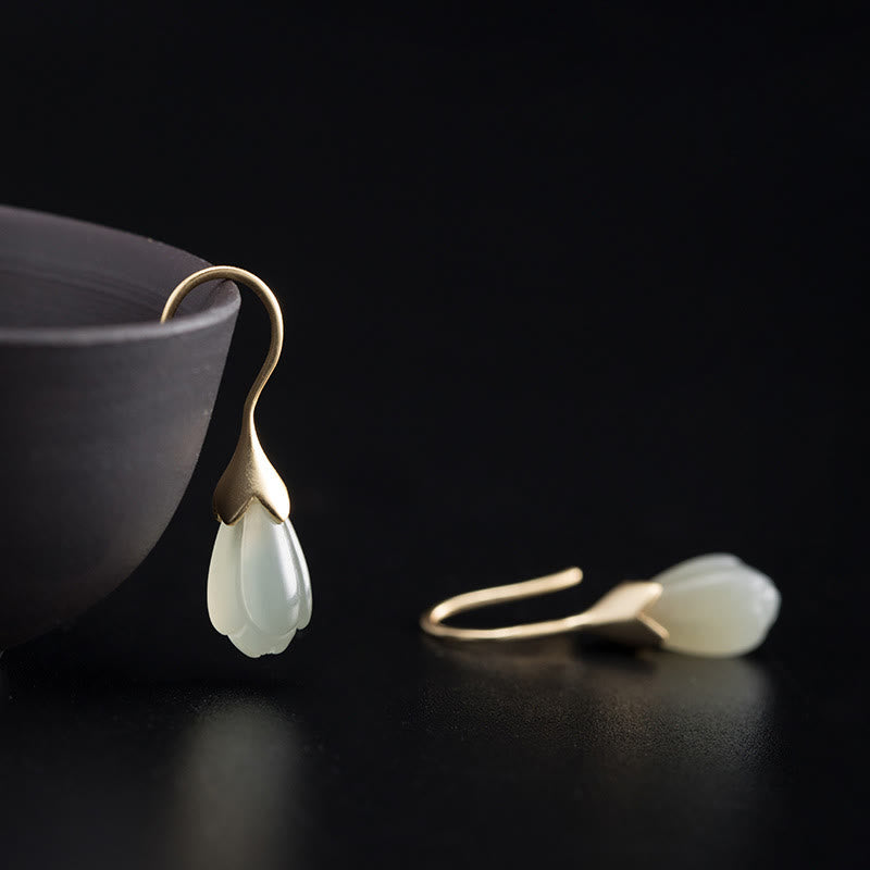 Buddha Stones 925 Sterling Silber Hetian Jade Magnolia Abundance Tropfen Ohrringe - 925 Sterlingsilber - image 0
