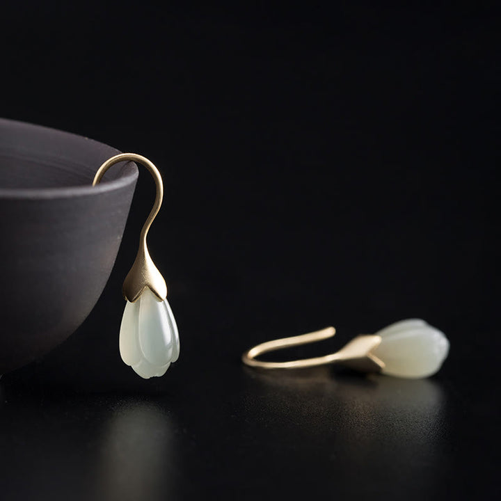 Buddha Stones 925 Sterling Silber Hetian Jade Magnolia Abundance Tropfen Ohrringe - 925 Sterlingsilber - image 0