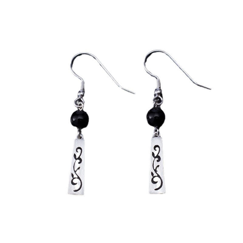 Buddha Stones 925 Sterling Silber Schwarzer Onyx Hohle Ranke Schutz Tropfen Ohrringe - image 6