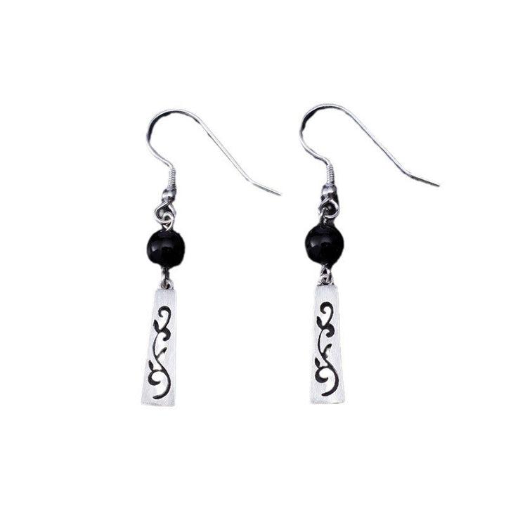Buddha Stones 925 Sterling Silber Schwarzer Onyx Hohle Ranke Schutz Tropfen Ohrringe - image 6