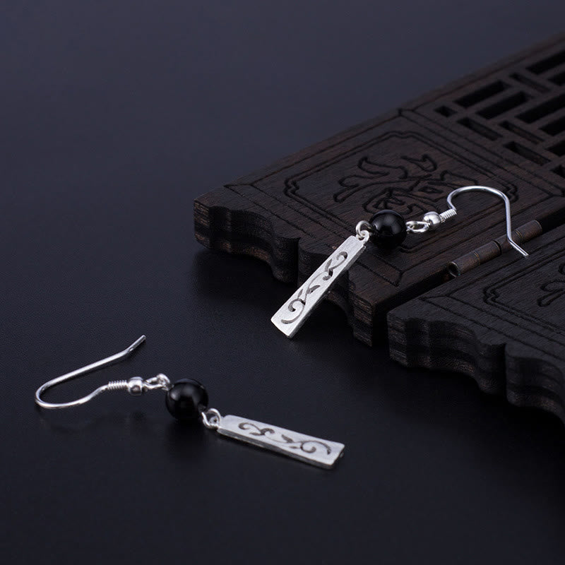 Buddha Stones 925 Sterling Silber Schwarzer Onyx Hohle Ranke Schutz Tropfen Ohrringe - image 5