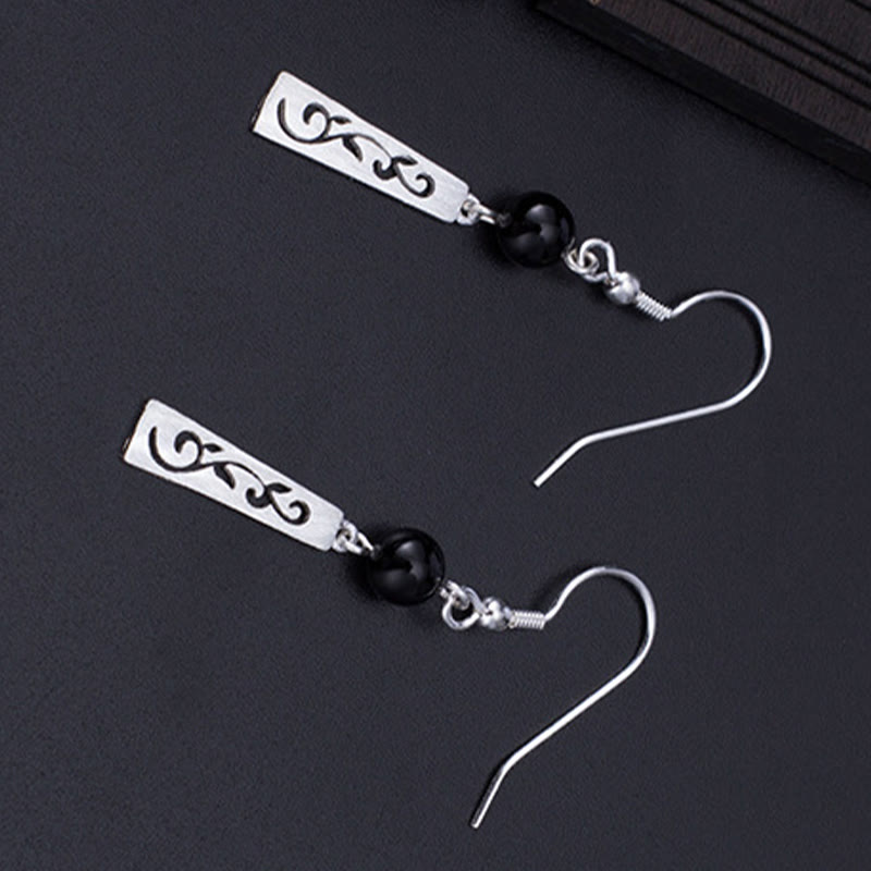 Buddha Stones 925 Sterling Silber Schwarzer Onyx Hohle Ranke Schutz Tropfen Ohrringe - image 2