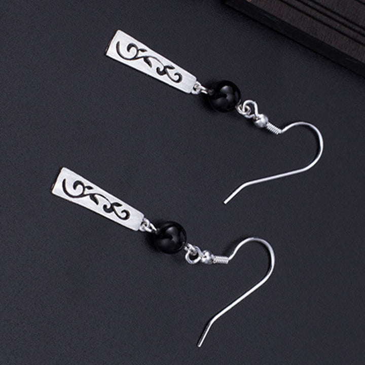 Buddha Stones 925 Sterling Silber Schwarzer Onyx Hohle Ranke Schutz Tropfen Ohrringe - image 2