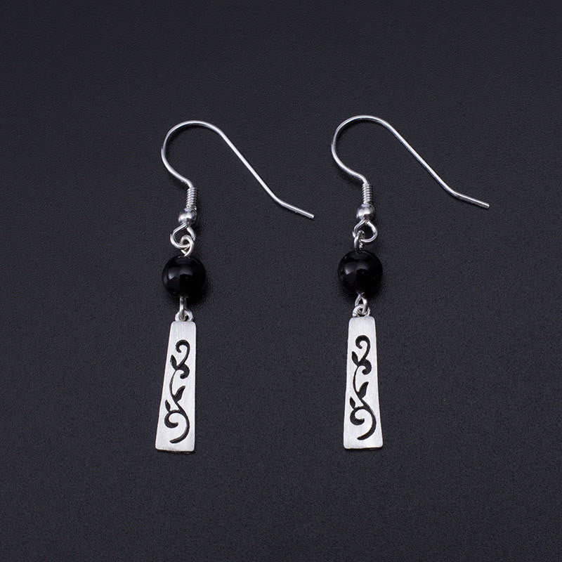 Buddha Stones 925 Sterling Silber Schwarzer Onyx Hohle Ranke Schutz Tropfen Ohrringe - 925 Sterlingsilber - image 0