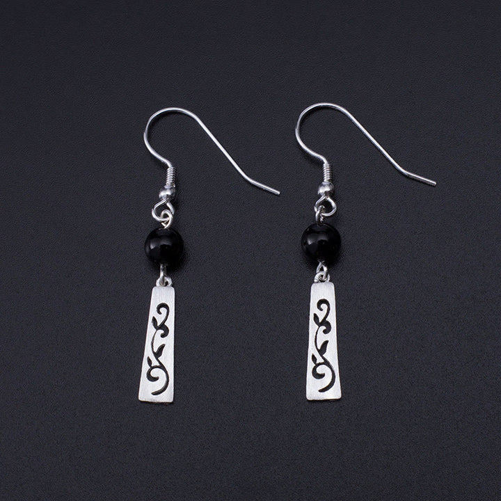Buddha Stones 925 Sterling Silber Schwarzer Onyx Hohle Ranke Schutz Tropfen Ohrringe - 925 Sterlingsilber - image 0