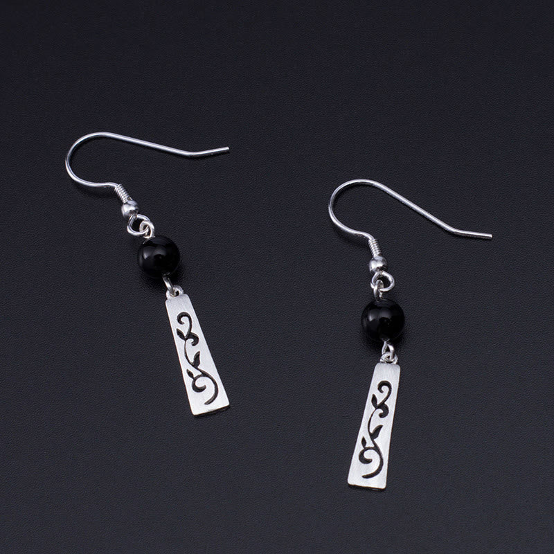 Buddha Stones 925 Sterling Silber Schwarzer Onyx Hohle Ranke Schutz Tropfen Ohrringe - image 3