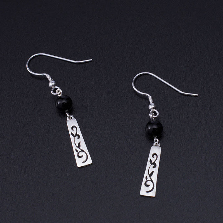 Buddha Stones 925 Sterling Silber Schwarzer Onyx Hohle Ranke Schutz Tropfen Ohrringe - image 3