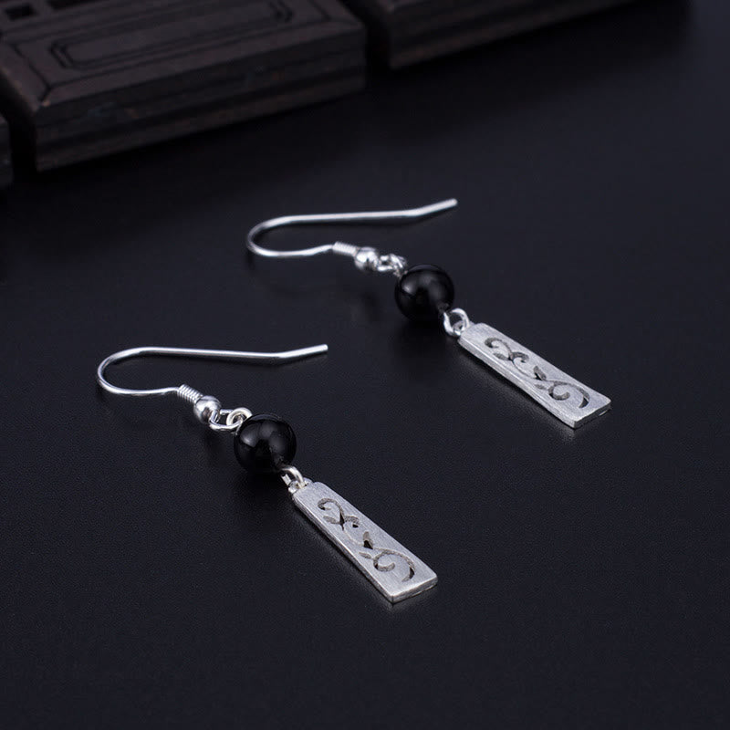 Buddha Stones 925 Sterling Silber Schwarzer Onyx Hohle Ranke Schutz Tropfen Ohrringe - image 1