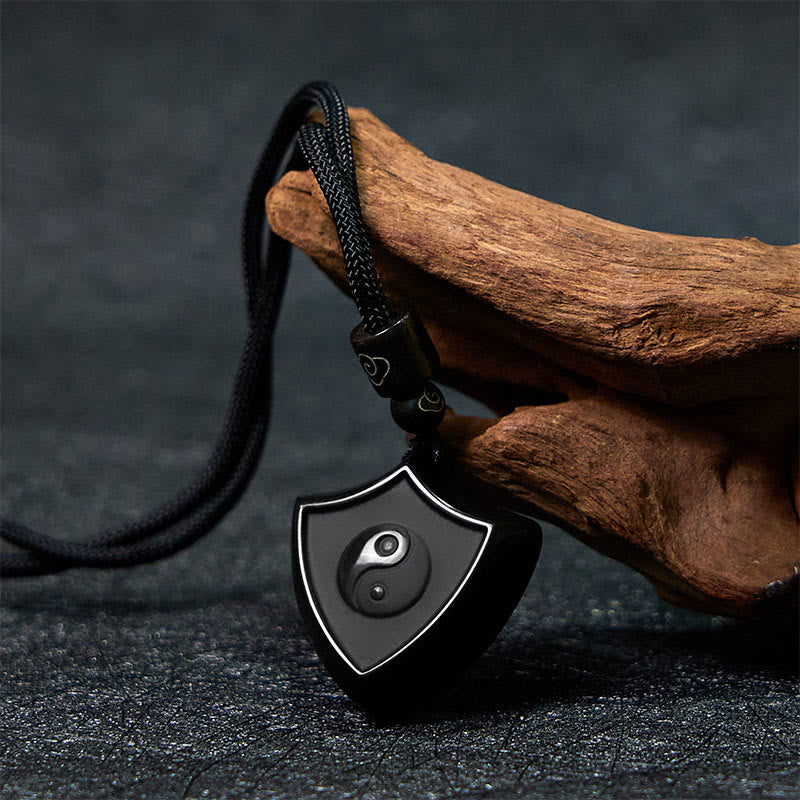 Halskette mit Anhänger aus schwarzem Obsidian mit Schildmuster von Buddha Stones, Yin und Yang-Symbol, Stärke - image 2