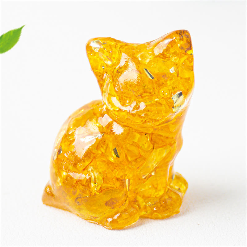 Buddha Stones Sitzende Katze aus Kunstharz, Kies, rosa Kristall, Citrin, weißer Kristall, Lapislazuli – beruhigende Schreibtischdekoration - Citrin - Etwa 3,2 x 3,3 x 4 cm - image 3