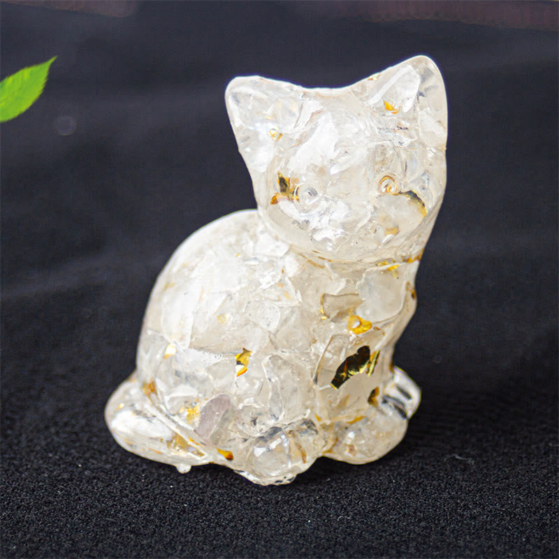 Buddha Stones Sitzende Katze aus Kunstharz, Kies, rosa Kristall, Citrin, weißer Kristall, Lapislazuli – beruhigende Schreibtischdekoration - Weißer Kristall - Etwa 3,2 x 3,3 x 4 cm - image 5