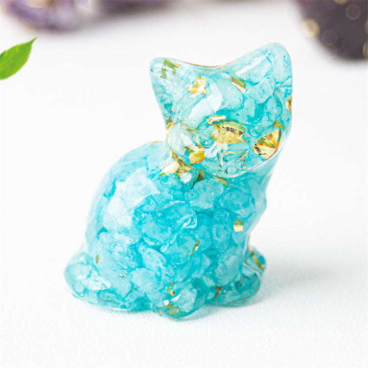 Buddha Stones Sitzende Katze aus Kunstharz, Kies, rosa Kristall, Citrin, weißer Kristall, Lapislazuli – beruhigende Schreibtischdekoration - Aquamarin - Etwa 3,2 x 3,3 x 4 cm - image 7