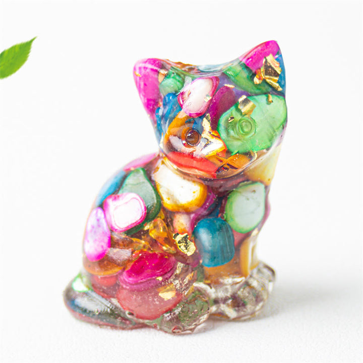 Buddha Stones Sitzende Katze aus Kunstharz, Kies, rosa Kristall, Citrin, weißer Kristall, Lapislazuli – beruhigende Schreibtischdekoration - Bunte Muschel - Etwa 3,2 x 3,3 x 4 cm - image 11