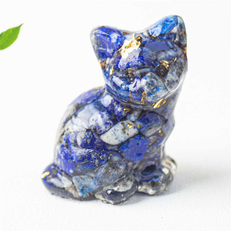 Buddha Stones Sitzende Katze aus Kunstharz, Kies, rosa Kristall, Citrin, weißer Kristall, Lapislazuli – beruhigende Schreibtischdekoration - Lapislazuli - Etwa 3,2 x 3,3 x 4 cm - image 9