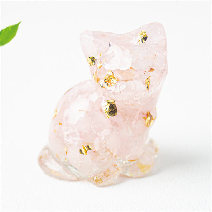 Buddha Stones Sitzende Katze aus Kunstharz, Kies, rosa Kristall, Citrin, weißer Kristall, Lapislazuli – beruhigende Schreibtischdekoration - Rosa Kristall - Etwa 3,2 x 3,3 x 4 cm - image 1