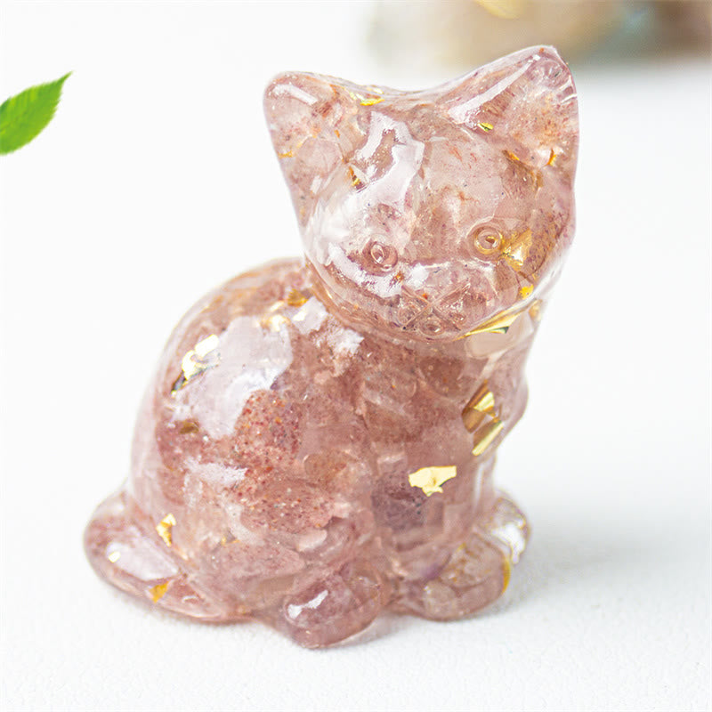Buddha Stones Sitzende Katze aus Kunstharz, Kies, rosa Kristall, Citrin, weißer Kristall, Lapislazuli – beruhigende Schreibtischdekoration - Erdbeerquarz - Etwa 3,2 x 3,3 x 4 cm - image 12