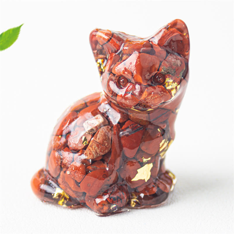 Buddha Stones Sitzende Katze aus Kunstharz, Kies, rosa Kristall, Citrin, weißer Kristall, Lapislazuli – beruhigende Schreibtischdekoration - Roter Jaspis - Etwa 3,2 x 3,3 x 4 cm - image 14