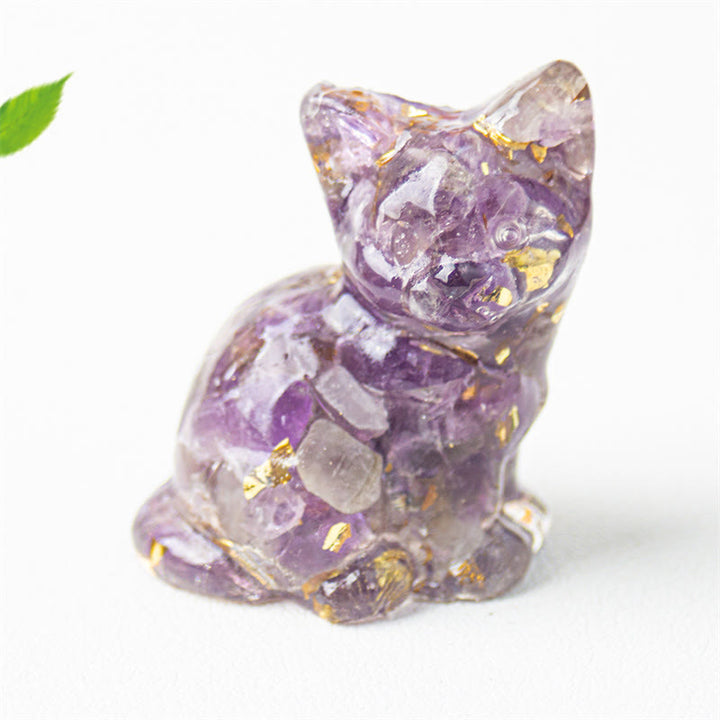 Buddha Stones Sitzende Katze aus Kunstharz, Kies, rosa Kristall, Citrin, weißer Kristall, Lapislazuli – beruhigende Schreibtischdekoration - Amethyst - Etwa 3,2 x 3,3 x 4 cm - image 16