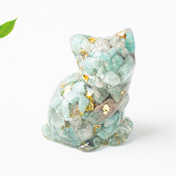 Buddha Stones Sitzende Katze aus Kunstharz, Kies, rosa Kristall, Citrin, weißer Kristall, Lapislazuli – beruhigende Schreibtischdekoration - Amazonit - Etwa 3,2 x 3,3 x 4 cm - image 20