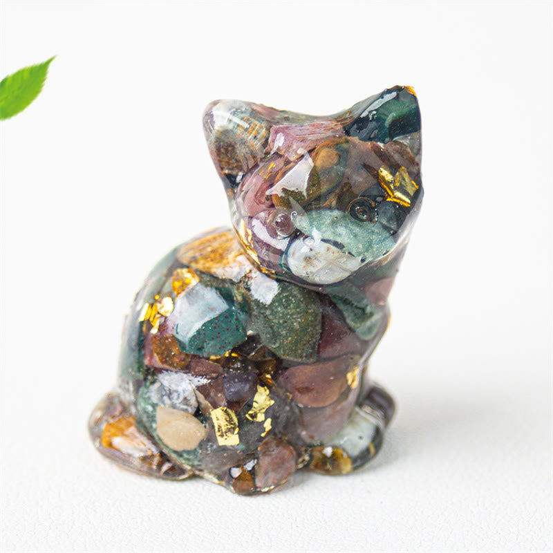 Buddha Stones Sitzende Katze aus Kunstharz, Kies, rosa Kristall, Citrin, weißer Kristall, Lapislazuli – beruhigende Schreibtischdekoration - Meeressediment-Jaspis - Etwa 3,2 x 3,3 x 4 cm - image 34