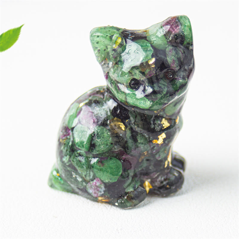 Buddha Stones Sitzende Katze aus Kunstharz, Kies, rosa Kristall, Citrin, weißer Kristall, Lapislazuli – beruhigende Schreibtischdekoration - Rubin-Zoisit - Etwa 3,2 x 3,3 x 4 cm - image 41