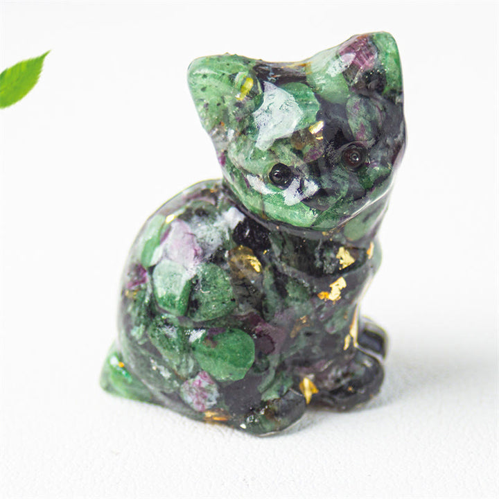 Buddha Stones Sitzende Katze aus Kunstharz, Kies, rosa Kristall, Citrin, weißer Kristall, Lapislazuli – beruhigende Schreibtischdekoration - Rubin-Zoisit - Etwa 3,2 x 3,3 x 4 cm - image 41