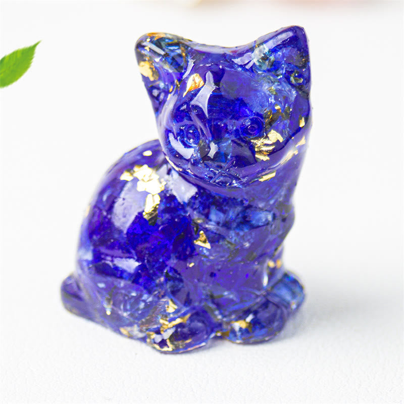 Buddha Stones Sitzende Katze aus Kunstharz, Kies, rosa Kristall, Citrin, weißer Kristall, Lapislazuli – beruhigende Schreibtischdekoration - Blaues Glas - Etwa 3,2 x 3,3 x 4 cm - image 46
