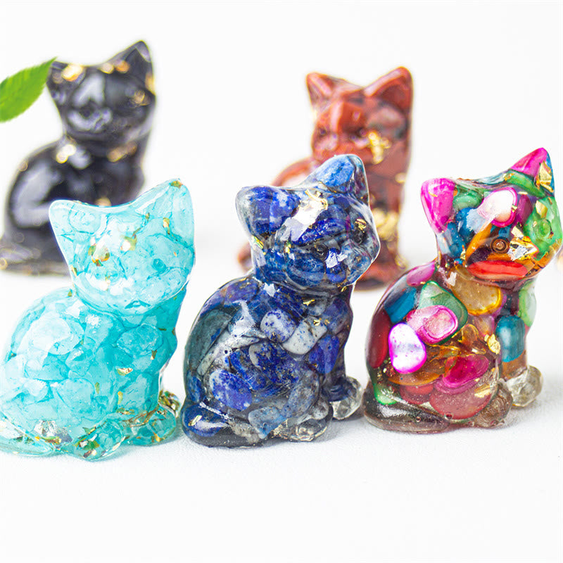 Buddha Stones Sitzende Katze aus Kunstharz, Kies, rosa Kristall, Citrin, weißer Kristall, Lapislazuli – beruhigende Schreibtischdekoration - image 0