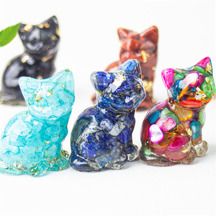 Buddha Stones Sitzende Katze aus Kunstharz, Kies, rosa Kristall, Citrin, weißer Kristall, Lapislazuli – beruhigende Schreibtischdekoration - image 0