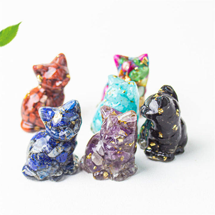 Buddha Stones Sitzende Katze aus Kunstharz, Kies, rosa Kristall, Citrin, weißer Kristall, Lapislazuli – beruhigende Schreibtischdekoration - image 48