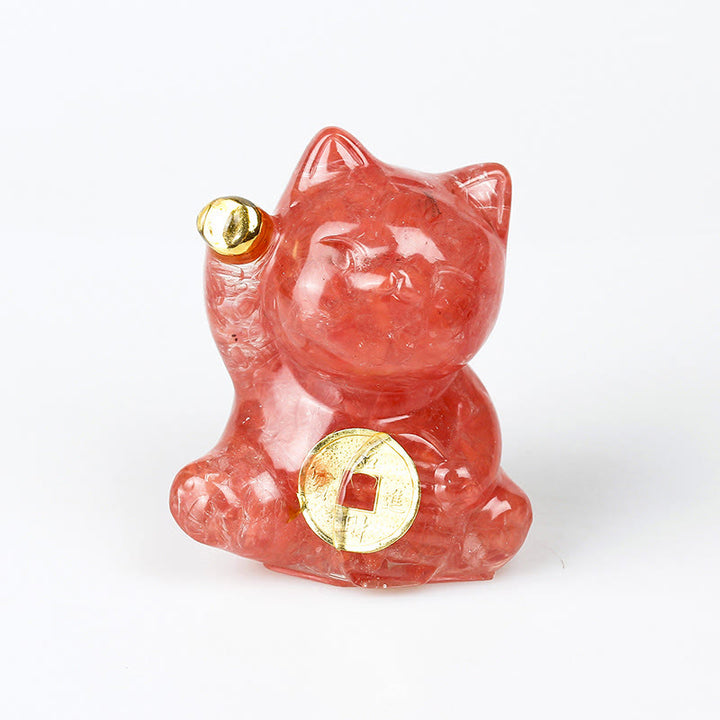 Buddha Stones Glückskatze aus Kupfer, Türkis, Labradorit, rosa Kristall, Amethyst, Stärke, Heimdekoration - Roter Quarz - Etwa 5,5 x 6 x 4 cm - image 9