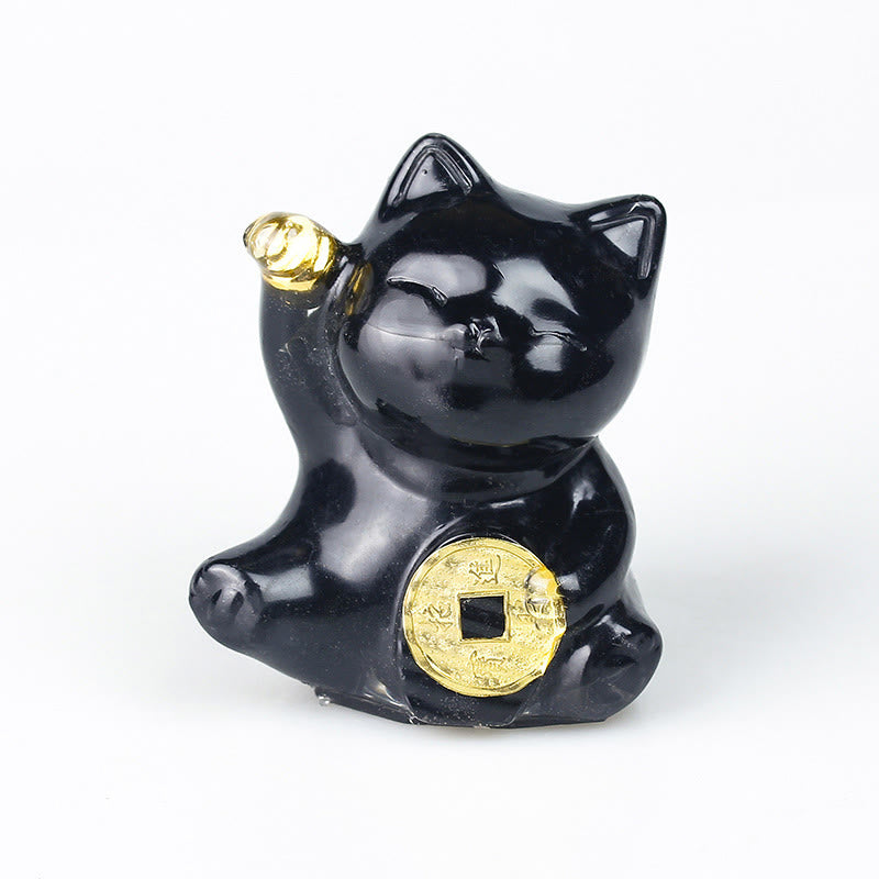 Buddha Stones Glückskatze aus Kupfer, Türkis, Labradorit, rosa Kristall, Amethyst, Stärke, Heimdekoration - Schwarzer Obsidian - Etwa 5,5 x 6 x 4 cm - image 12