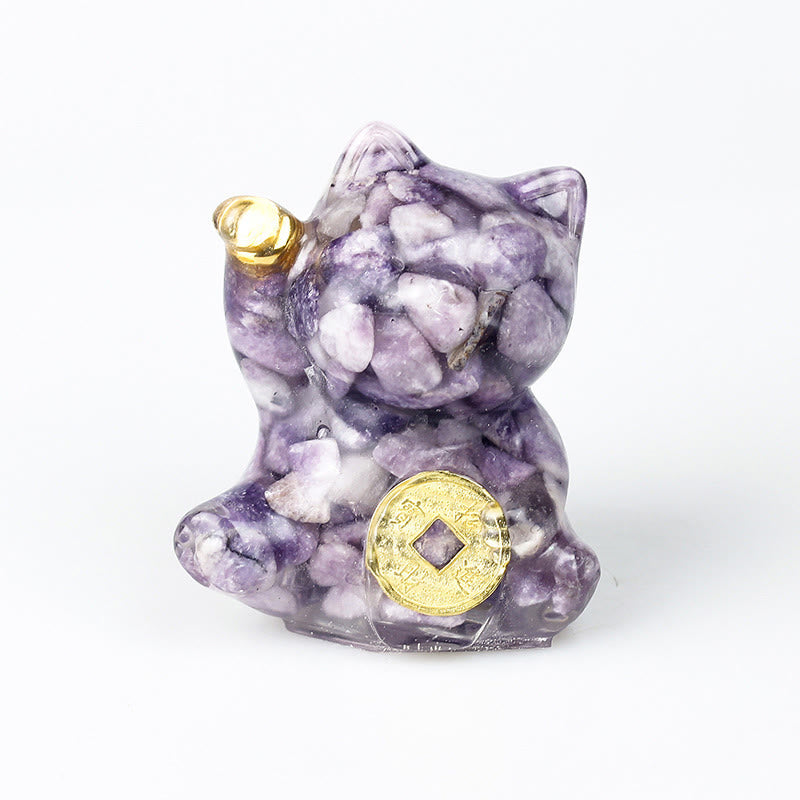 Buddha Stones Glückskatze aus Kupfer, Türkis, Labradorit, rosa Kristall, Amethyst, Stärke, Heimdekoration - Lepidolith - Etwa 5,5 x 6 x 4 cm - image 21