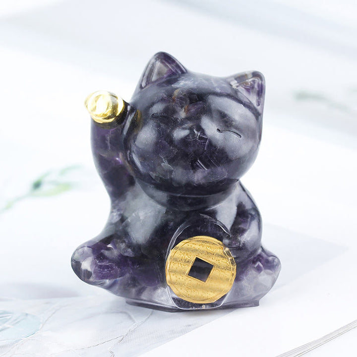 Buddha Stones Glückskatze aus Kupfer, Türkis, Labradorit, rosa Kristall, Amethyst, Stärke, Heimdekoration - Tiefvioletter Amethyst - Etwa 5,5 x 6 x 4 cm - image 27