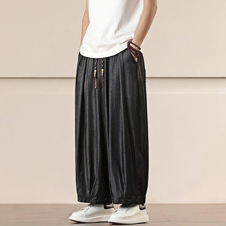 Buddha Stones Spring Einfarbige Herrenhose mit weitem Bein und Kordelzug und Taschen - image 2