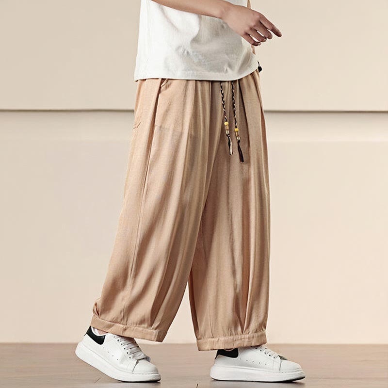 Buddha Stones Frühlingshose aus Baumwolle mit Kordelzug und weitem Bein für Herren mit Taschen