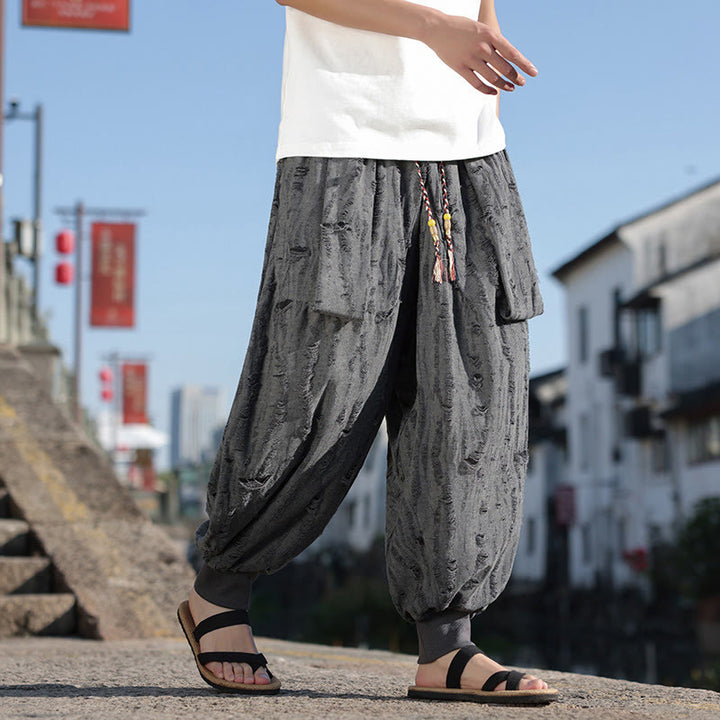 Buddha Stones Einfarbige Herrenhose aus Baumwolle mit weitem Bein und Lochdesign und Kordelzug und Taschen