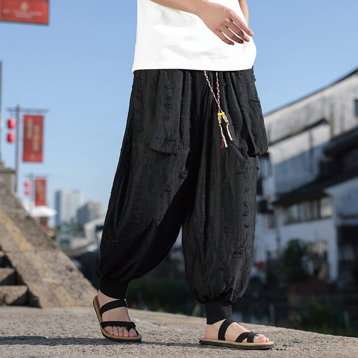 Buddha Stones Einfarbige Herrenhose aus Baumwolle mit weitem Bein und Lochdesign und Kordelzug und Taschen