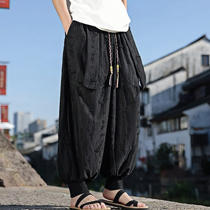 Buddha Stones Einfarbige Herrenhose aus Baumwolle mit weitem Bein und Lochdesign und Kordelzug und Taschen