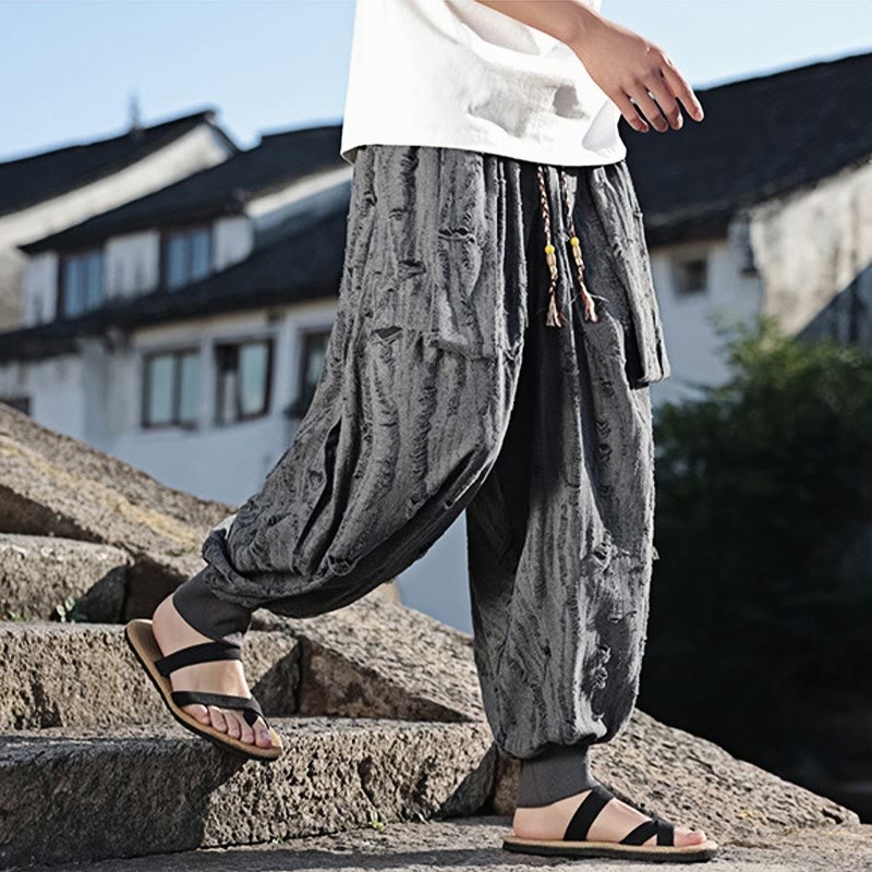 Buddha Stones Einfarbige Herrenhose aus Baumwolle mit weitem Bein und Lochdesign und Kordelzug und Taschen
