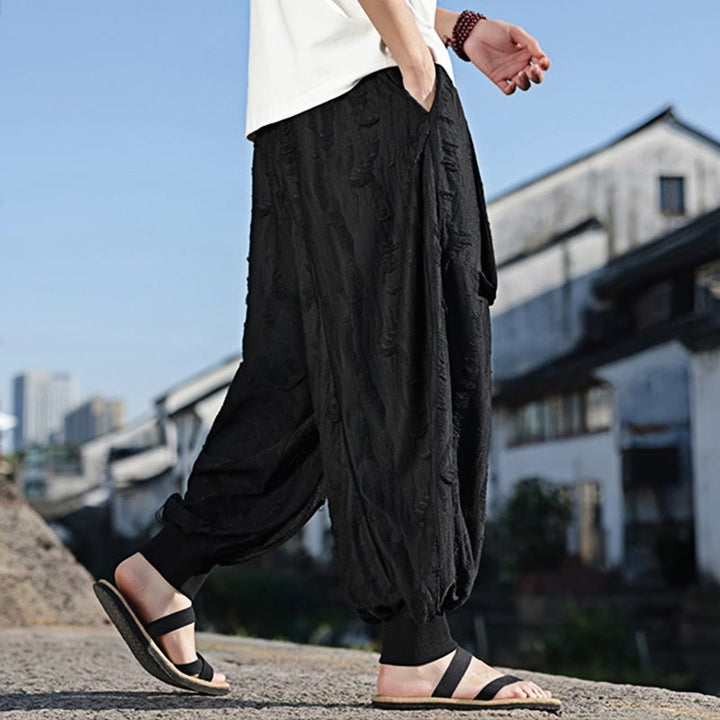 Buddha Stones Einfarbige Herrenhose aus Baumwolle mit weitem Bein und Lochdesign und Kordelzug und Taschen