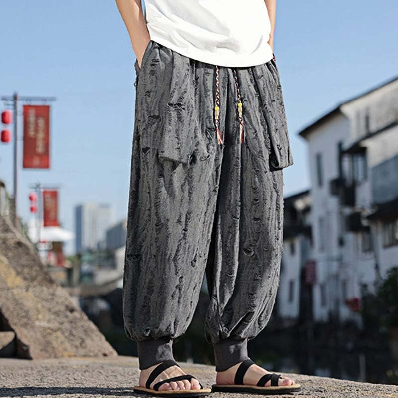 Buddha Stones Einfarbige Herrenhose aus Baumwolle mit weitem Bein und Lochdesign und Kordelzug und Taschen