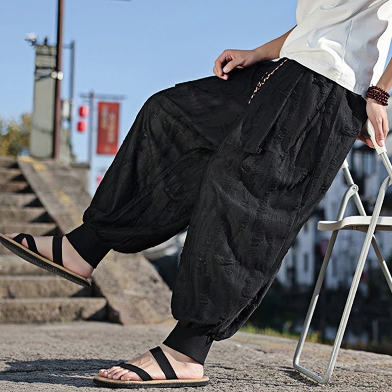 Buddha Stones Einfarbige Herrenhose aus Baumwolle mit weitem Bein und Lochdesign und Kordelzug und Taschen